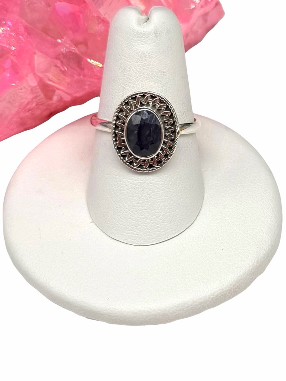 Blue Sapphire Ring Size 7.5 Solid 925 Sterling Silver Faceted Oval Stone